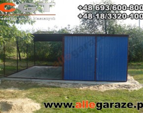 Garaż blaszany 3x5 spad na tył szary RAL 9006 z zadaszeniem brama uchylna

