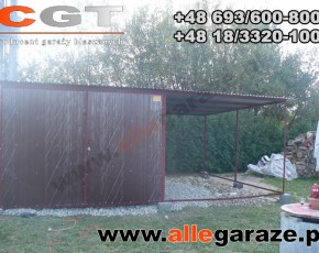 Garaż blaszany 3x5 spad na tył brązowy RAL 8017 z zadaszeniem brama uchylna

