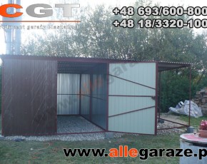 Garaż blaszany 3x5 spad na tył brązowy RAL 8017 z zadaszeniem brama uchylna

