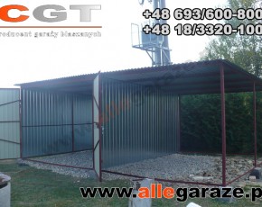 	
Garaż blaszany 3x5 spad na tył brązowy RAL 8017 z zadaszeniem brama uchylna 