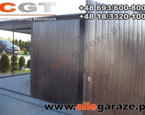 Garaż blaszany 3x5 spad na tył brązowy RAL 8017 z zadaszeniem brama uchylna 