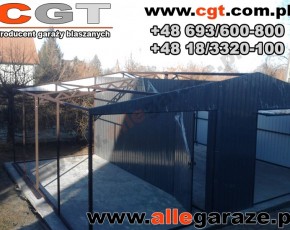 Garaż blaszany 4x5 dwuspadowy RAL 7024 szary z zadaszeniem 