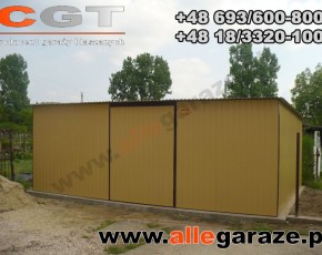 Garaż blaszany 6x4 spad na tył RAL1002 brama dwuskrzydłowa