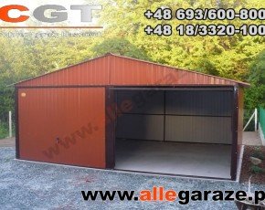 Garaż blaszany 6x6 dwuspadowy brązowy RAL 8004 brama uchylna