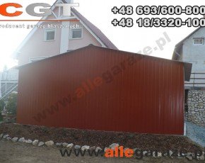 Garaż blaszany 6x6 dwuspadowy brązowy RAL 8004 brama uchylna