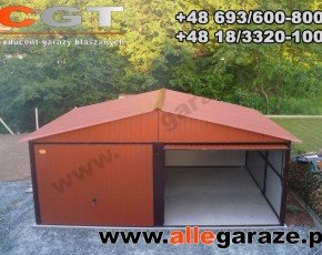 Garaż blaszany 6x6 dwuspadowy brązowy RAL 8004 brama uchylna