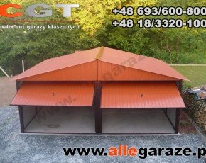 Garaż blaszany 6x6 dwuspadowy brązowy RAL 8004 brama uchylna