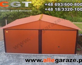 Garaż blaszany 6x6 dwuspadowy brązowy RAL 8004 brama uchylna