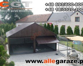 Garaż blaszany 6x6 dwuspadowy brązowy RAL 8017 brama uchylna