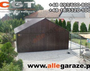 Garaż blaszany 6x6 dwuspadowy brązowy RAL 8017 brama uchylna