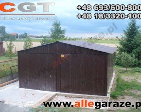 Garaż blaszany 6x6 dwuspadowy brązowy RAL 8017 brama uchylna