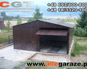 Garaż blaszany 6x6 dwuspadowy brązowy RAL 8017 brama uchylna