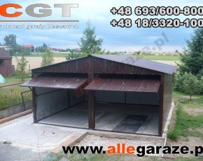 Garaż blaszany 6x6 dwuspadowy brązowy RAL 8017 brama uchylna
