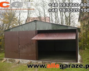 Garaż blaszany 6x6 dwuspadowy zielony RAL 6020 brama uchylna