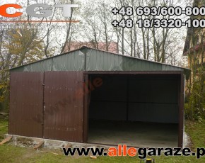 Garaż blaszany 6x6 dwuspadowy zielony RAL 6020 brama uchylna