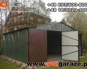 Garaż blaszany 6x6 dwuspadowy zielony RAL 6020 brama uchylna