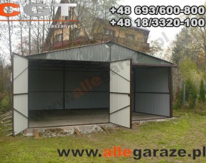 Garaż blaszany 6x6 dwuspadowy zielony RAL 6020 brama uchylna