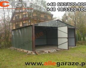Garaż blaszany 6x6 dwuspadowy zielony RAL 6020 brama uchylna