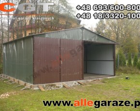 Garaż blaszany 6x6 dwuspadowy zielony RAL 6020 brama uchylna