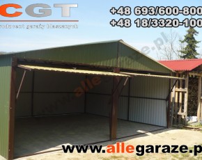 Garaż blaszany 6x6 dwuspadowy zielony RAL 6020 brama uchylna
