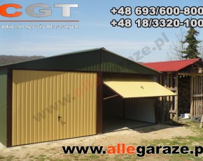 Garaż blaszany 6x6 dwuspadowy zielony RAL 6020 brama uchylna