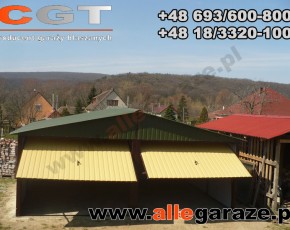 Garaż blaszany 6x6 dwuspadowy zielony RAL 6020 brama uchylna