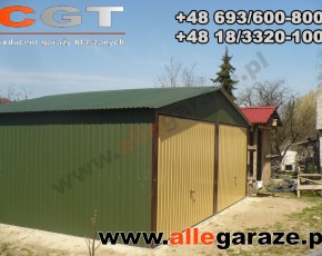 Garaż blaszany 6x6 dwuspadowy zielony RAL 6020 brama uchylna