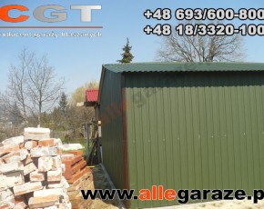 Garaż blaszany 6x6 dwuspadowy zielony RAL 6020 brama uchylna