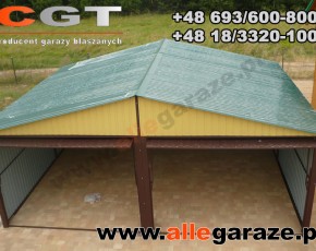 Garaż blaszany 6x6 dwuspadowy piaskowy RAL 1002 brama uchylna