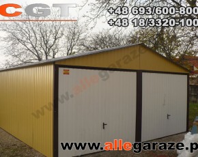 Garaż blaszany 6x6 dwuspadowy piaskowy RAL 1002 brama uchylna
