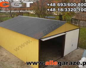 Garaż blaszany 6x6 dwuspadowy piaskowy RAL 1002 brama uchylna