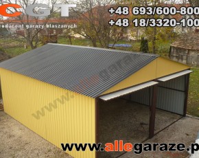 Garaż blaszany 6x6 dwuspadowy piaskowy RAL 1002 brama uchylna