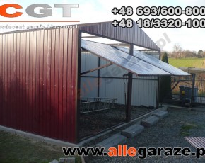 Garaż blaszany 6x6 dwuspadowy wiśniowy RAL 3005 brama uchylna