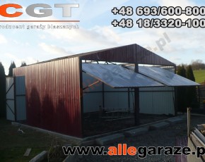 Garaż blaszany 6x6 dwuspadowy wiśniowy RAL 3005 brama uchylna