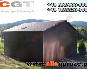 Garaż blaszany 6x6 dwuspadowy brązowy RAL 8017 brama uchylna