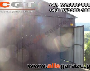 Garaż blaszany 6x6 dwuspadowy brązowy RAL 8017 brama uchylna