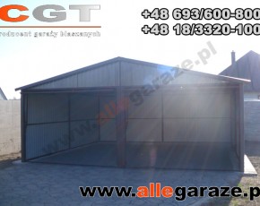 Garaż blaszany 6x6 dwuspadowy brązowy RAL 8017 brama uchylna