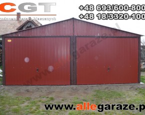 Garaż blaszany 6x6 dwuspadowy wiśniowy RAL 3005 brama uchylna