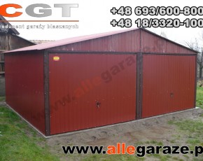 Garaż blaszany 6x6 dwuspadowy wiśniowy RAL 3005 brama uchylna