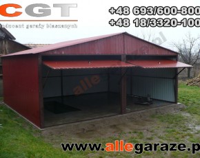 Garaż blaszany 6x6 dwuspadowy wiśniowy RAL 3005 brama uchylna