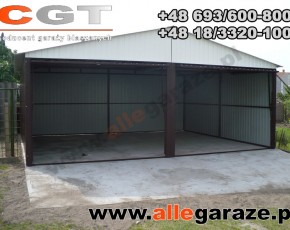 Garaż blaszany 6x6 dwuspadowy brązowy RAL 8017 brama uchylna