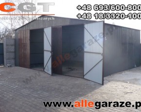 Garaż blaszany 7x6 dwuspadowy brązowy RAL 8014 brama dwuskrzydłowa
