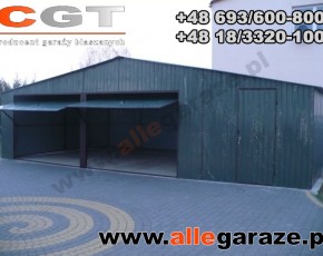 Garaż blaszany 9x6 dwuspadowy zielony RAL 6005 brama uchylna