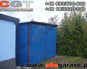 Garaż blaszany spad na tył 3x5 RAL 5010 niebieski brama dwuskrzydłowa
