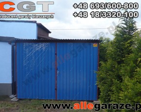 Garaż blaszany spad na tył 3x5 RAL 5010 niebieski brama dwuskrzydłowa
