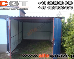 Garaż blaszany spad na tył 3x5 RAL 5010 niebieski brama dwuskrzydłowa