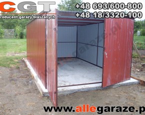 Garaż blaszany spad na tył 3x5 RAL 3009 wiśnia brama dwuskrzydłowa