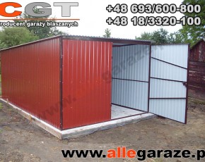 Garaż blaszany spad na tył 3x5 RAL 5010 niebieski brama dwuskrzydłowa